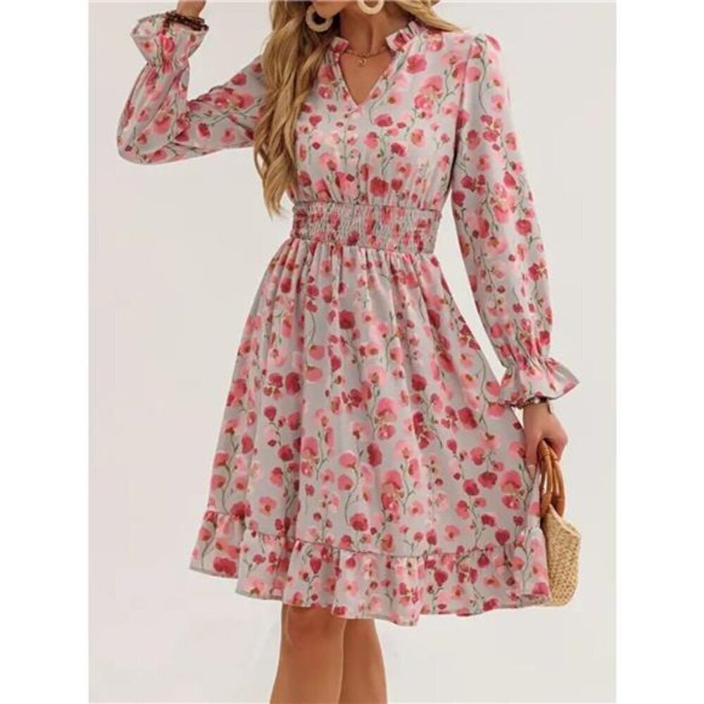 Floral Print Flounce Sleeve Ruffle Hem Dress